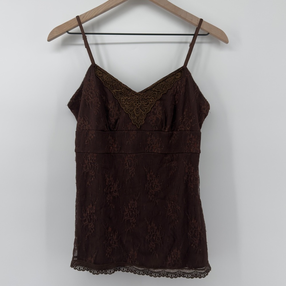 Vintage Y2K Xhilaration Lace V-Neck Spaghetti Strap Cami Brown Women M Lace Trim